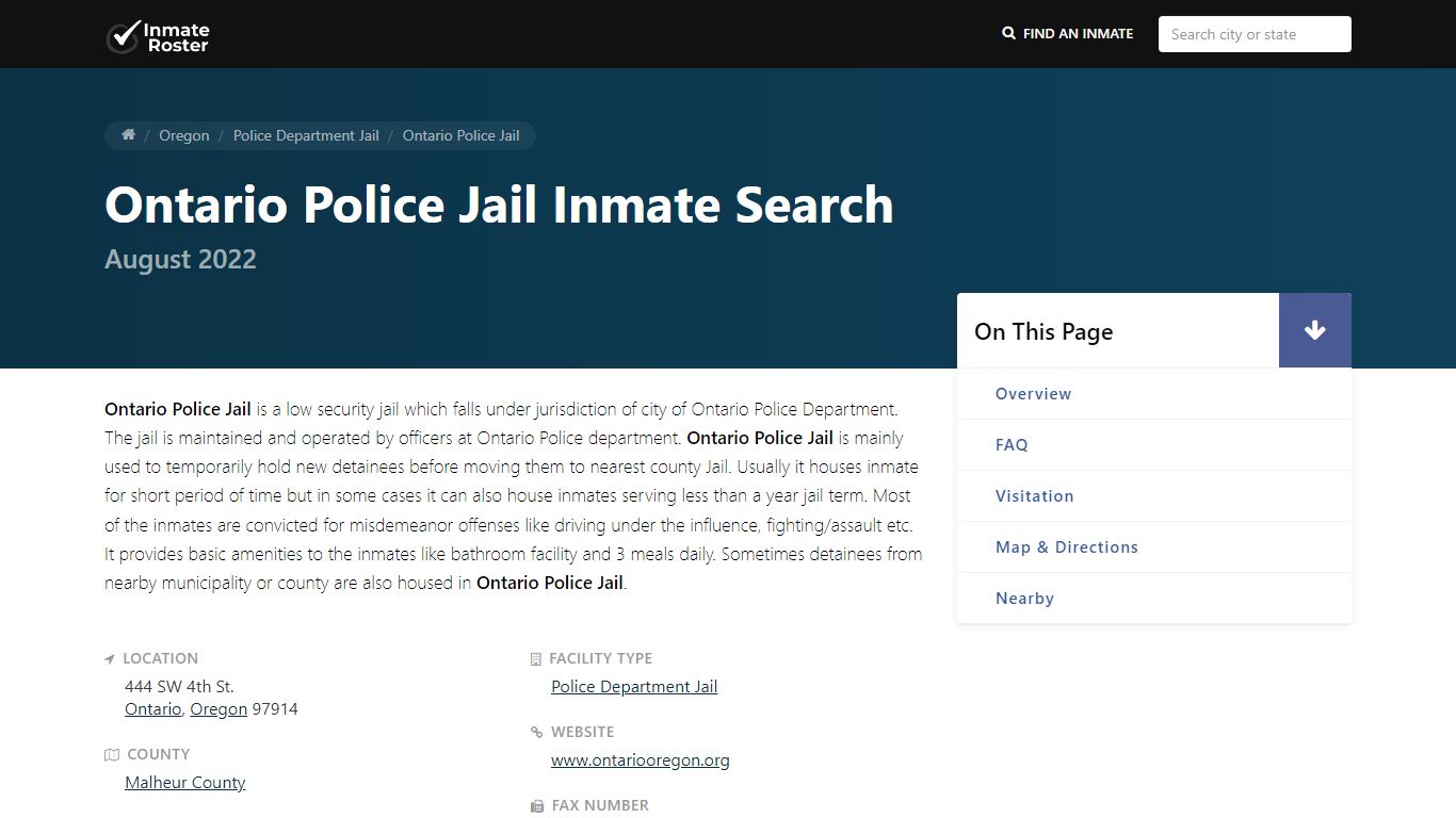 Inmate Search 🔍 | Ontario Police Jail - Ontario, OR